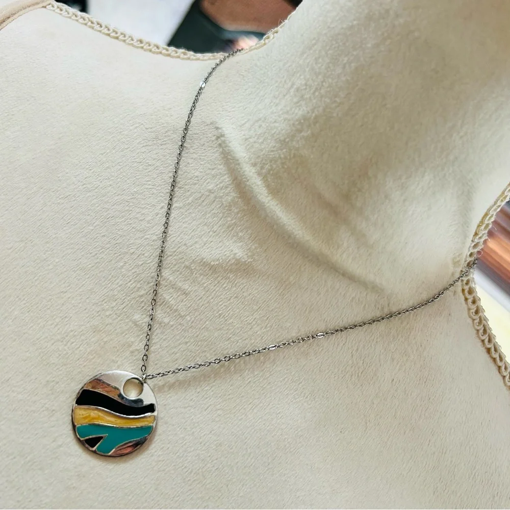 Handcrafted repurpose enamel swirl vintage pendant on chain necklace